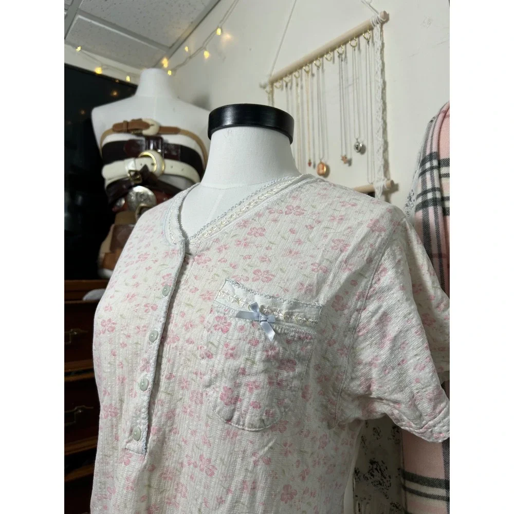 Delicates Vintage Pink Floral Pointelle Knit Nightgown Short‎ Sleeve Lace Trim S